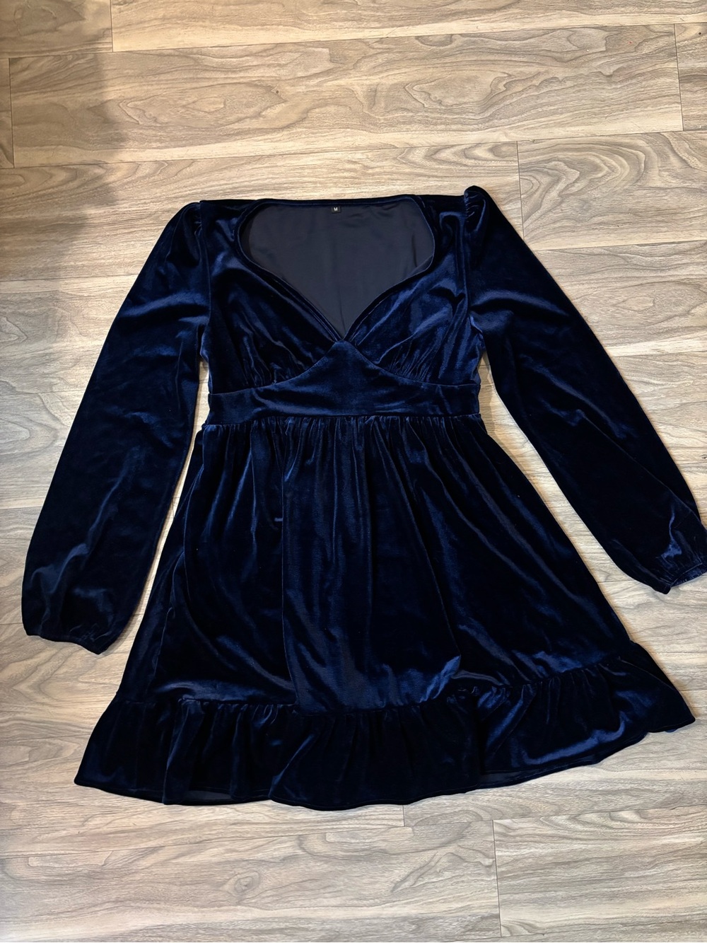 Velvet Long Sleeve V-Neck Skater Dress in Navy